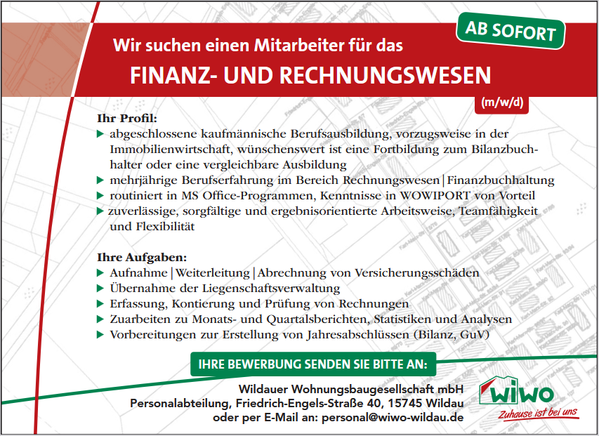 Stellenausschreibung Mitarbeiter Finanz- und Rechnungswesen